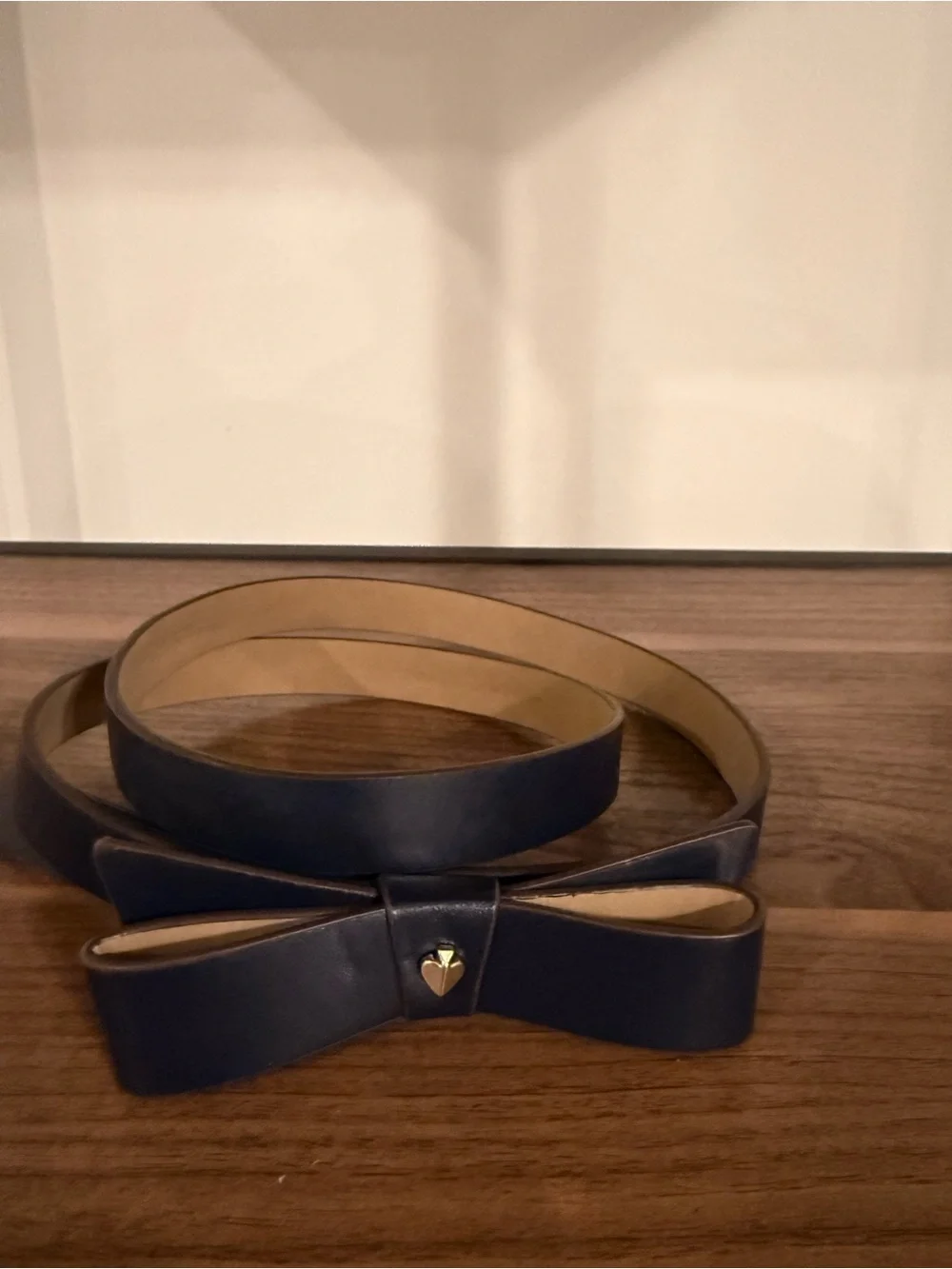 kate spade Navy Leather Bow Belt with Gold Heart Accent